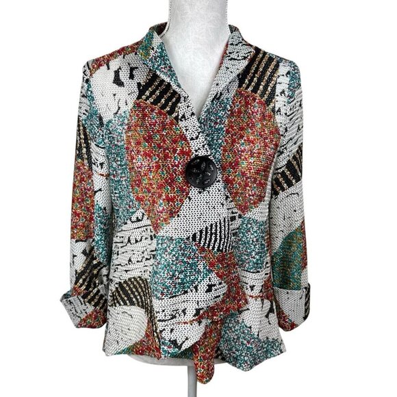 IC by Connie K Women's S Asymmetric Hem Blazer Jacket Multi Geometric EUC